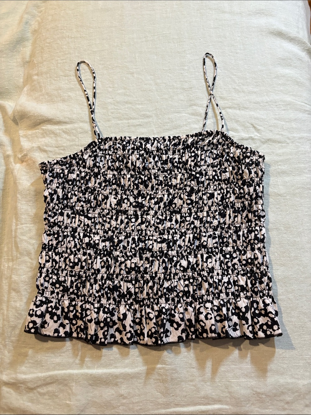 Everlane Black and White Smocked Floral Cami Sz M NWT